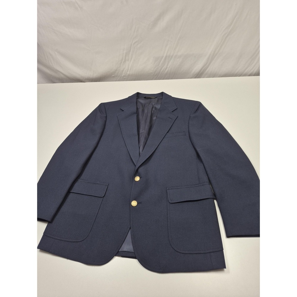 VTG Harmony Blazer Mens 44 Short Blue Poly Wool Gold Button Sport Coat USA